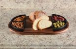 Charcuterie/ Serving Tray w/ 4 black triangular ceramic bowls