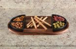 Charcuterie/ Serving Tray w/ 4 black triangular ceramic bowls